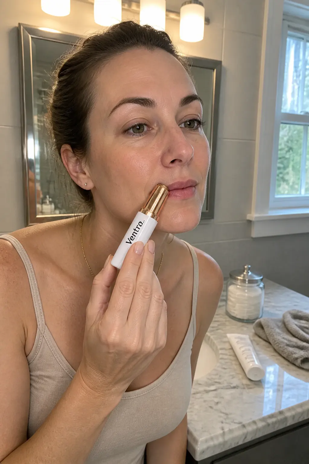 Woman gently using the rose-gold facial trimmer on her upper lip
