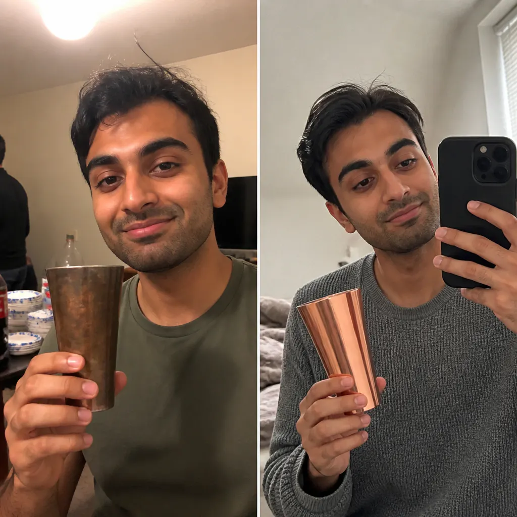 Copper cup with darkened natural patina before polishing