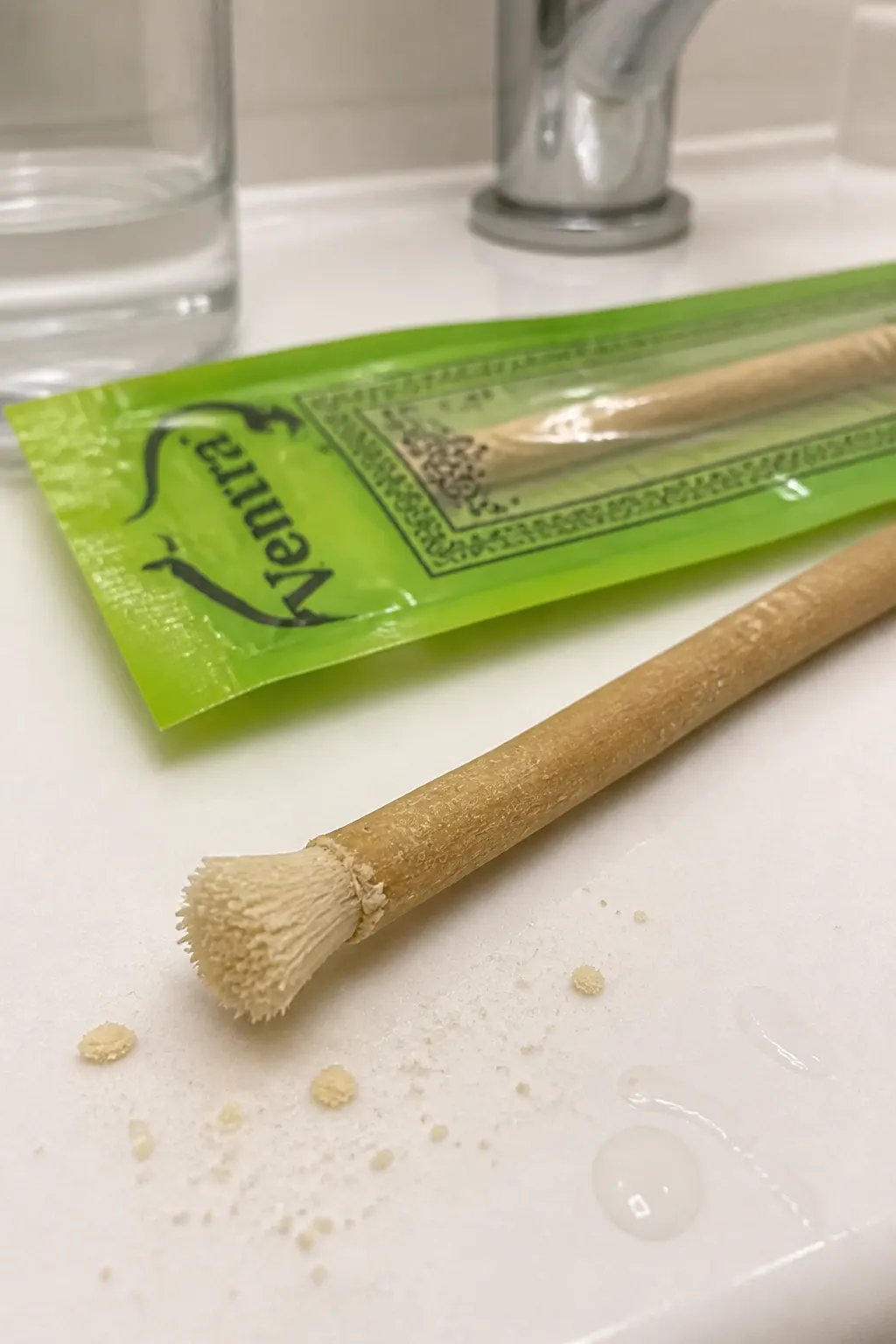 Macro close-up of the frayed miswak fiber tip