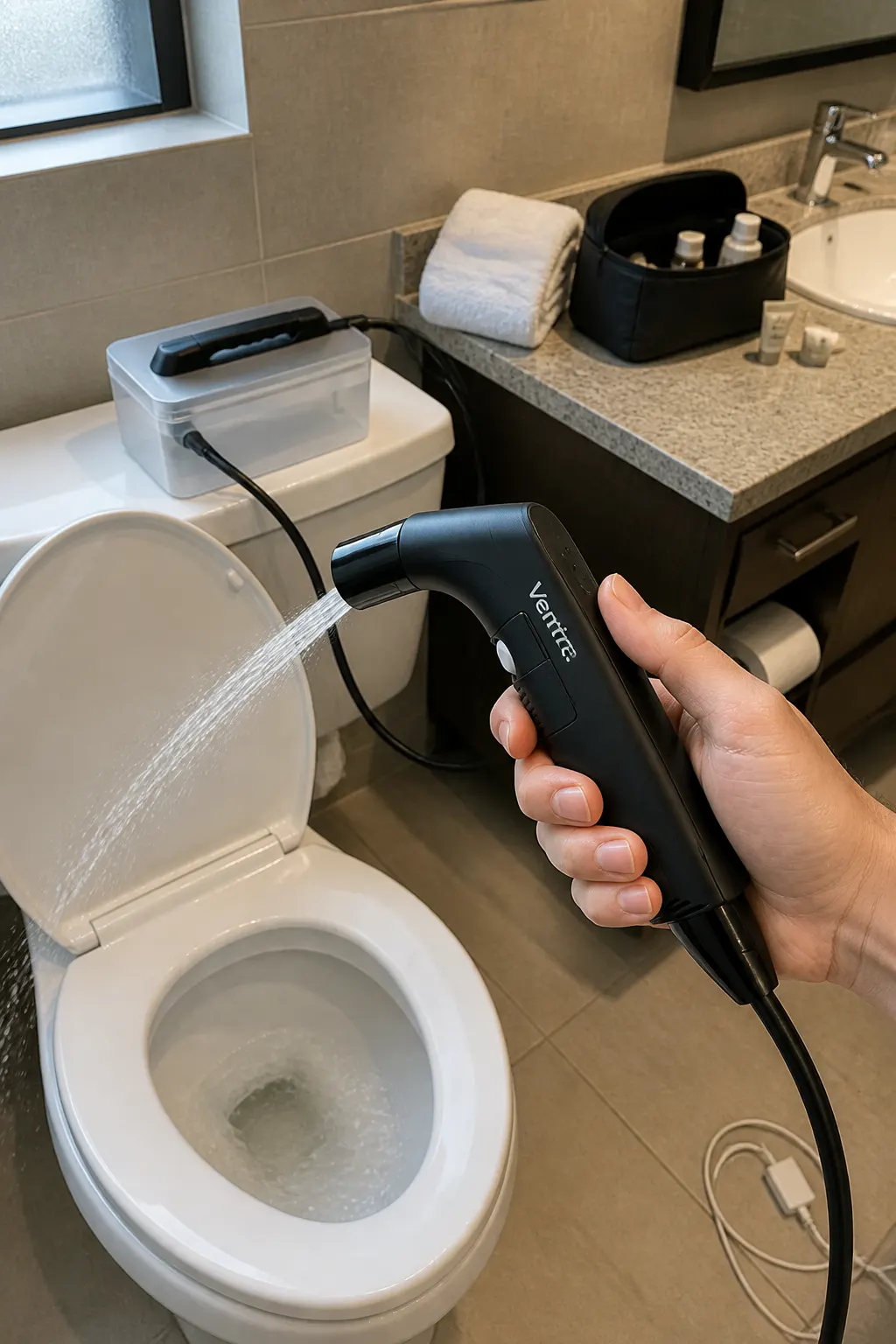 Ventra portable electric bidet in use showing continuous water stream