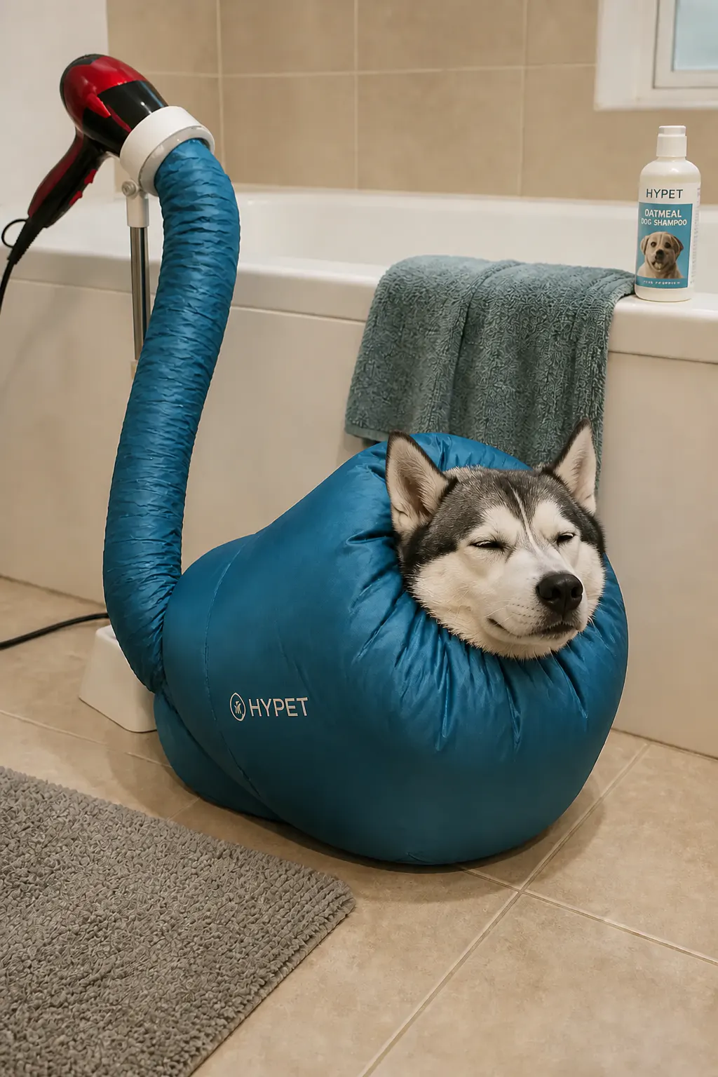 Calm dog sitting inside the warm-air DryPod bag with its head poking out