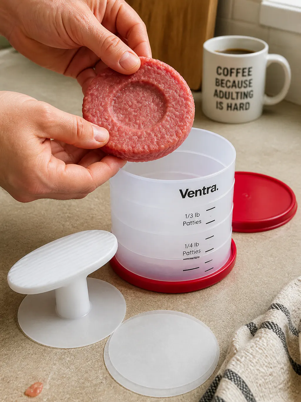 A pressed patty lifting cleanly off a separator disc