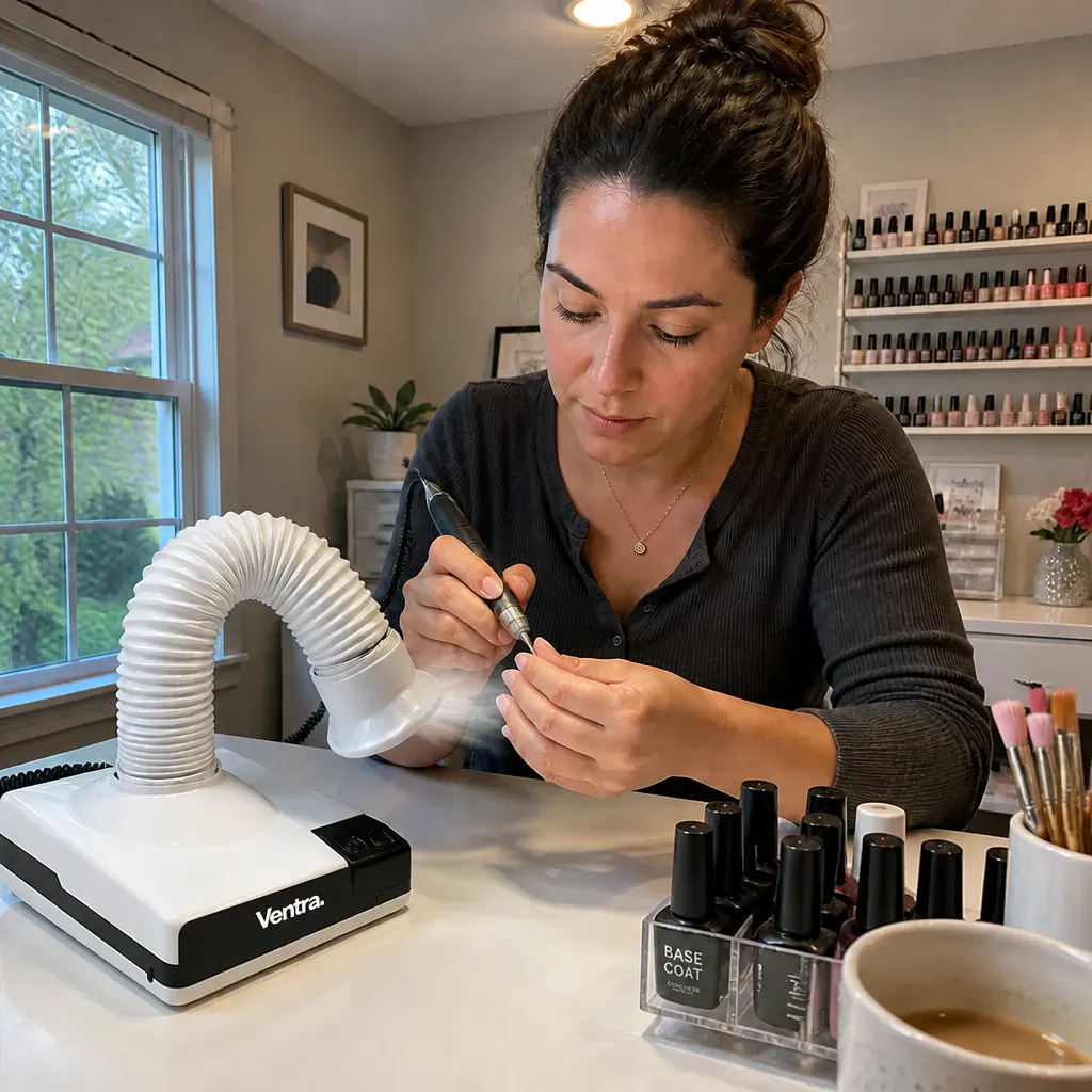 Ventra flex-arm intake pulling dust from a filed nail at a luxury nail station