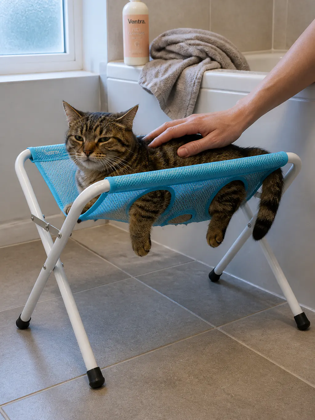 Cat settled calmly in the mesh sling with its weight spread across the fabric