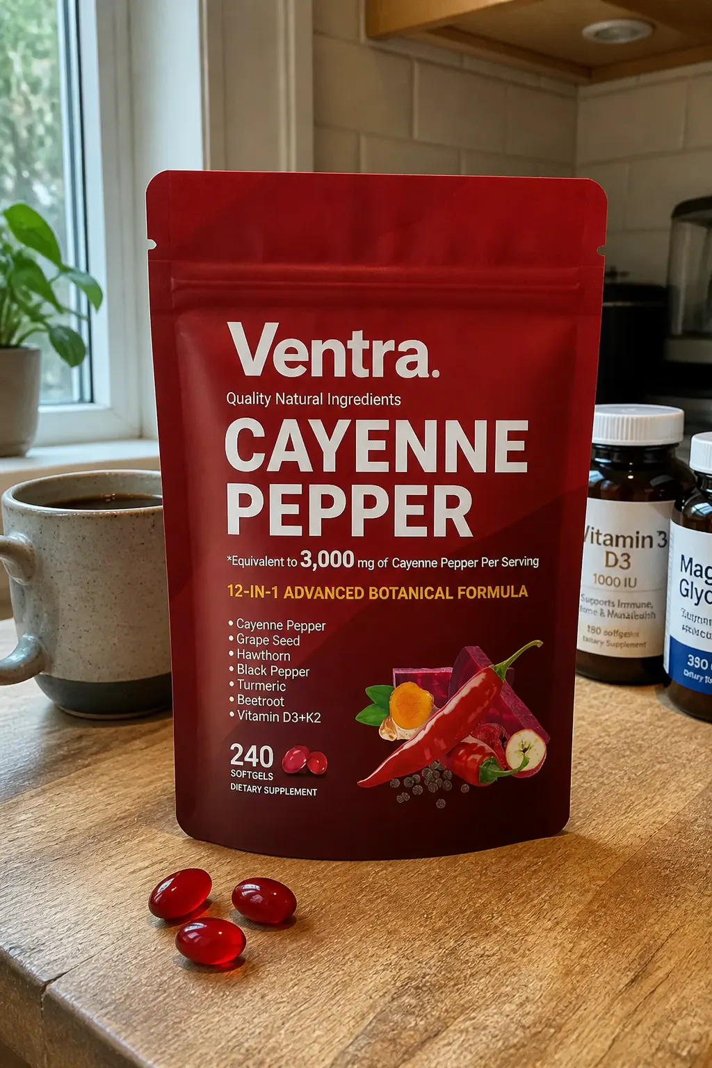 Ventra cayenne softgel beside the pouch