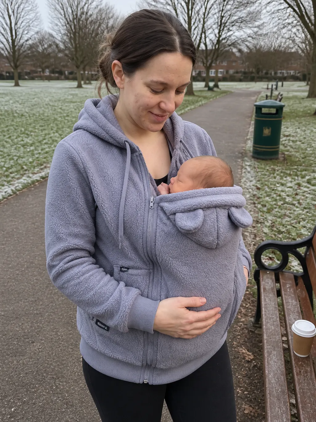 The hoodie with its centre zip opened partway and the pouch panel unzipped at the top, a hand on the zip pull