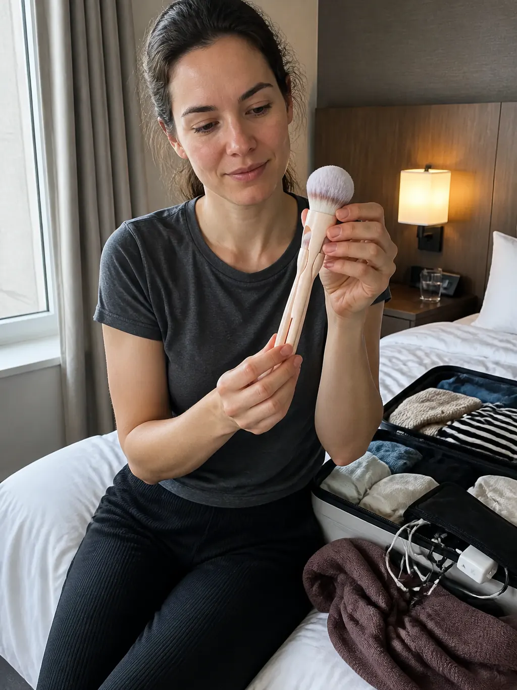 Magnetic makeup brush pulled apart, inner brushes visible inside the handle