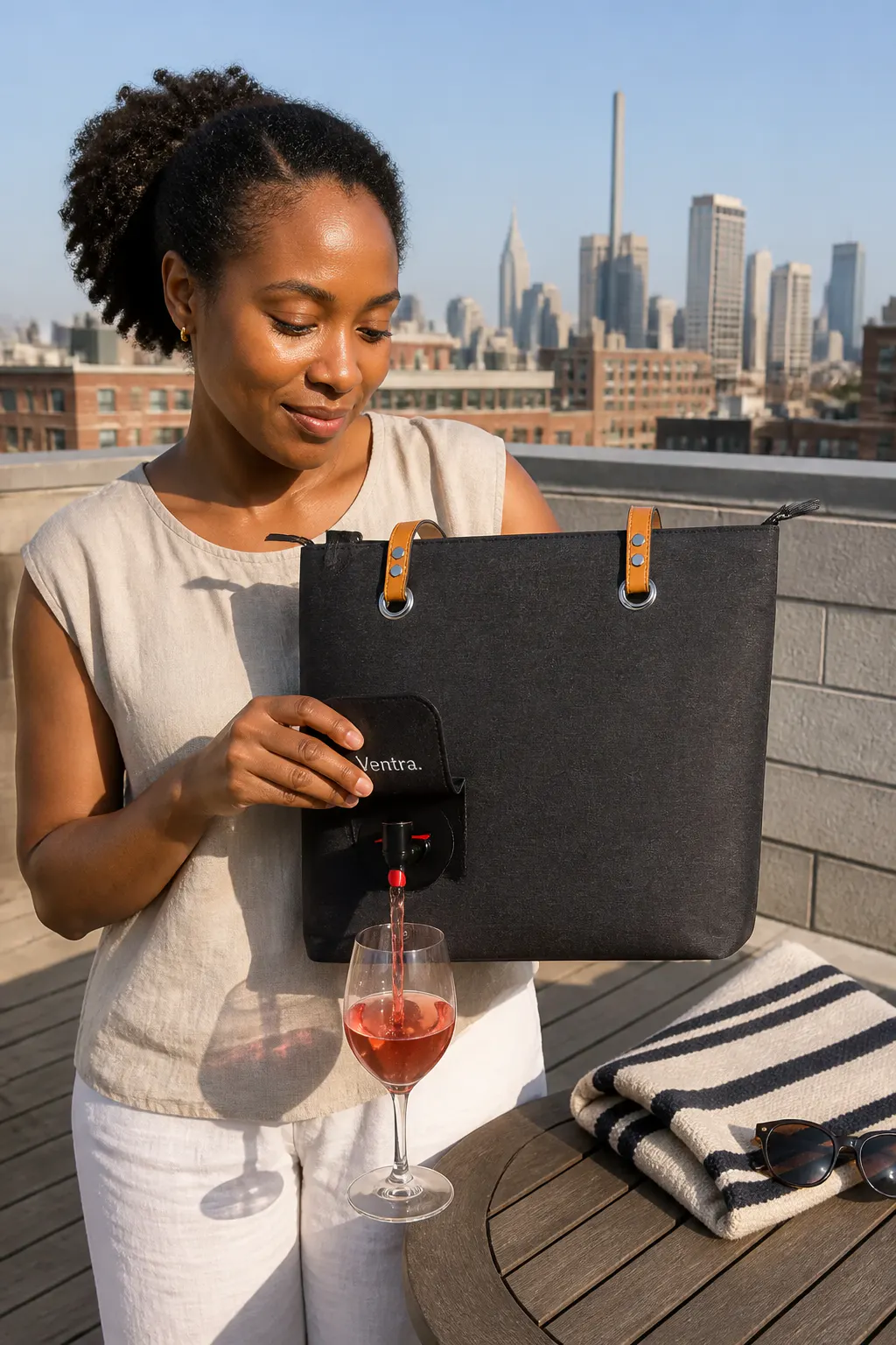 Woman pouring rose wine from a chic insulated tote at a sunny rooftop