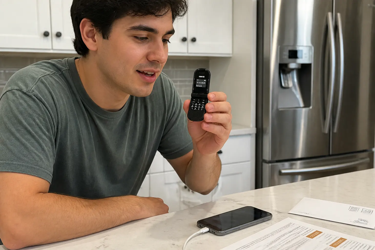Person holding the open Ventra flip phone to their ear on a call