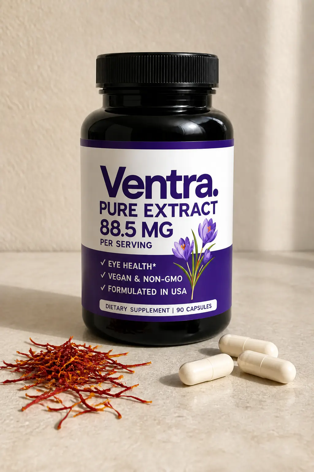 Ventra saffron extract capsules with saffron threads and the opaque bottle