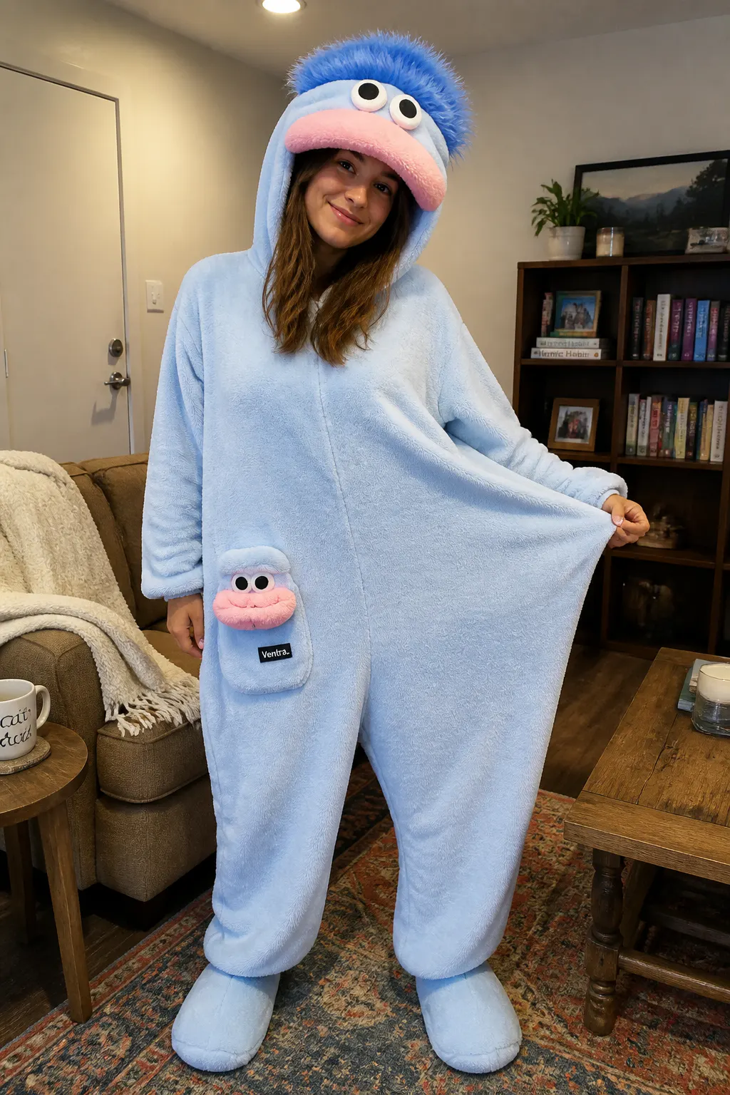 People of different body types wearing the oversized monster onesie