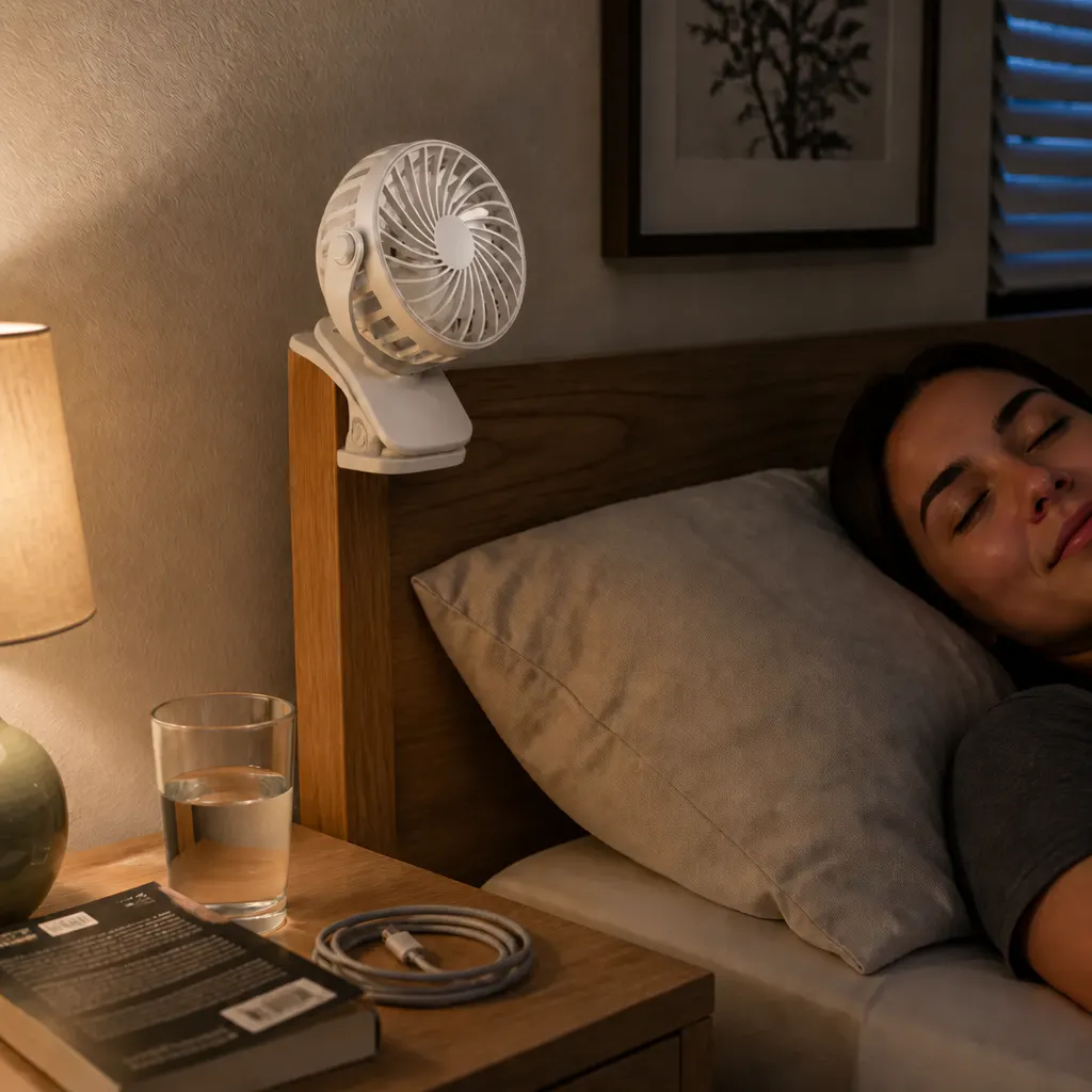 Ventra clip-on fan clamped onto a headboard, head aimed toward a person