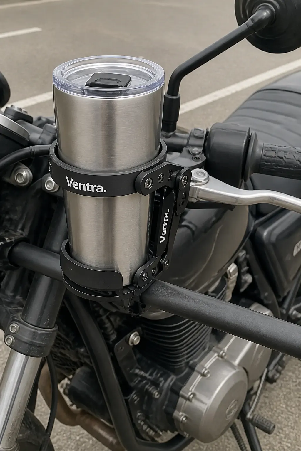 A cup dropped into the wide open aluminum cage, mounted to a bar