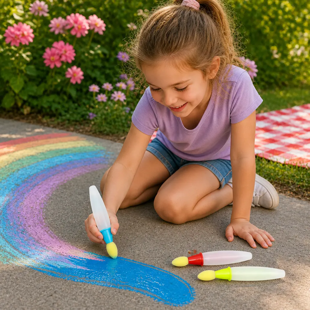 Young child dragging a sponge brush to lay a vibrant chalk paint stroke on a driveway