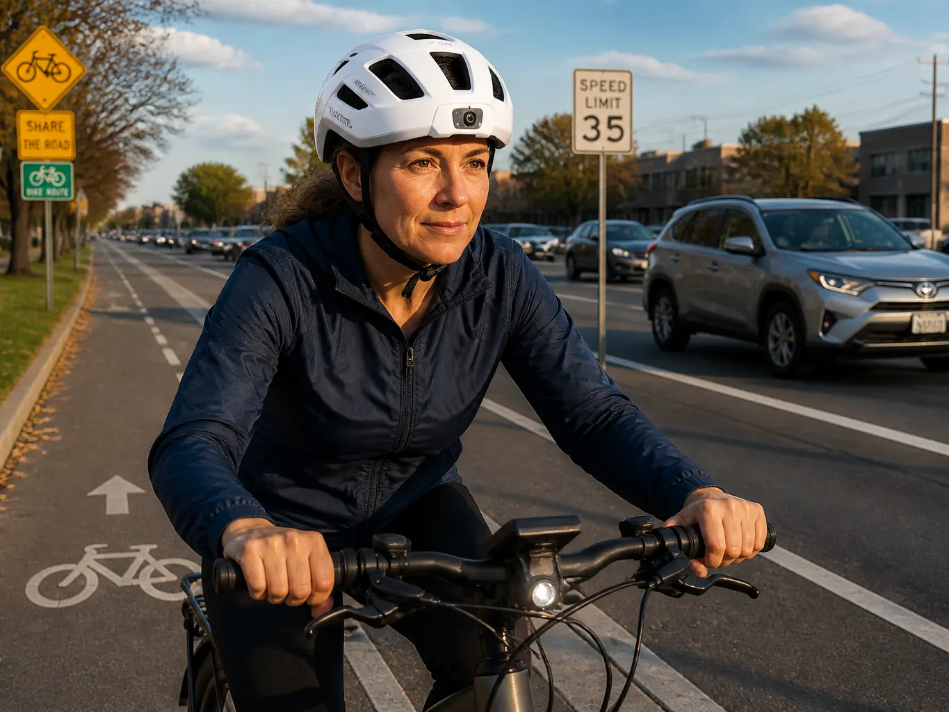 Rider on a dark road with helmet lights on