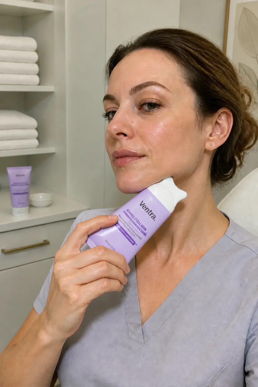 Licensed esthetician presenting the Ventra gua sha cream