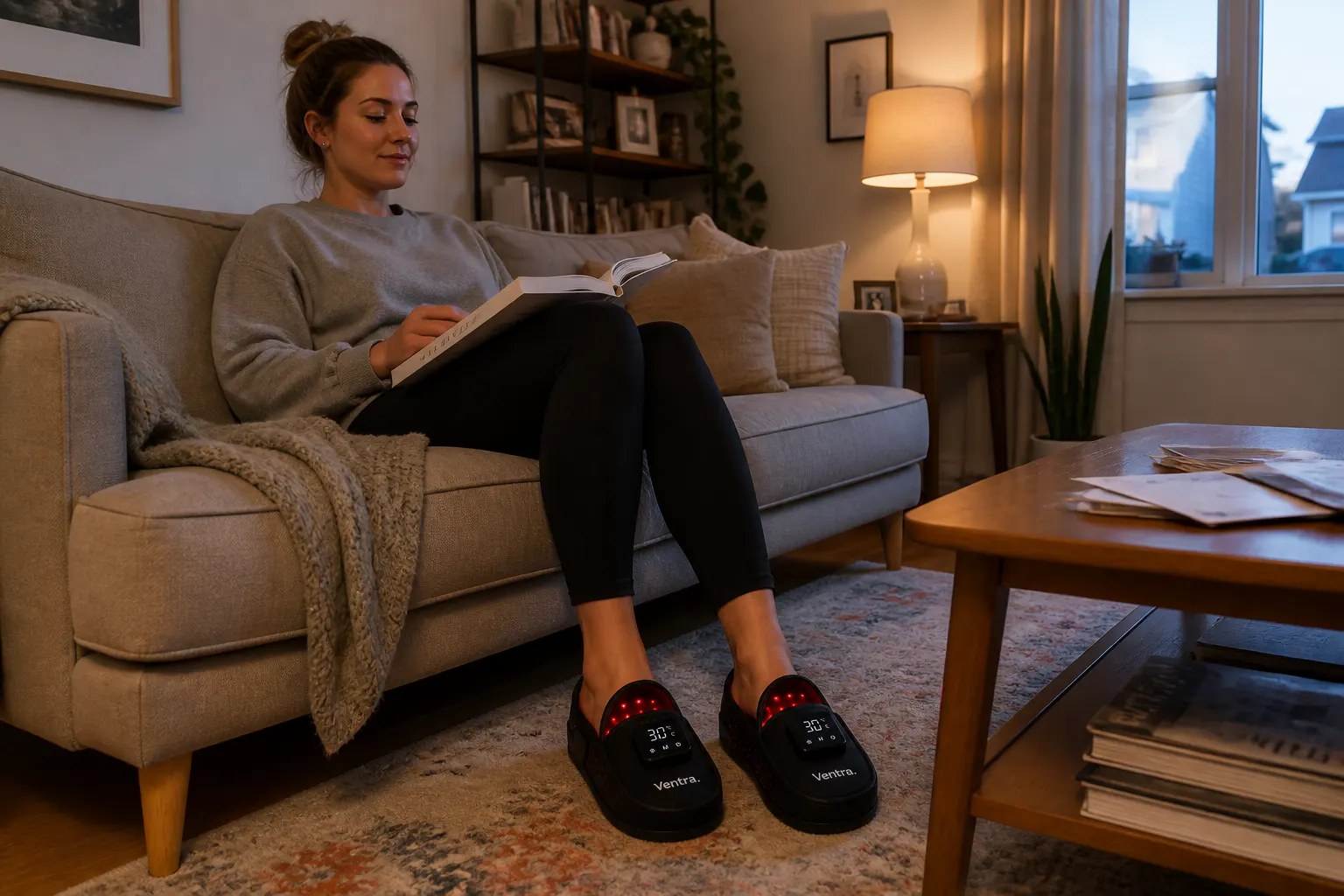 Feet sliding into the slipper on a couch
