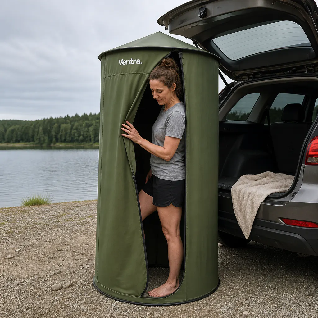 The full-length cylinder tent dropping to the ground behind the car