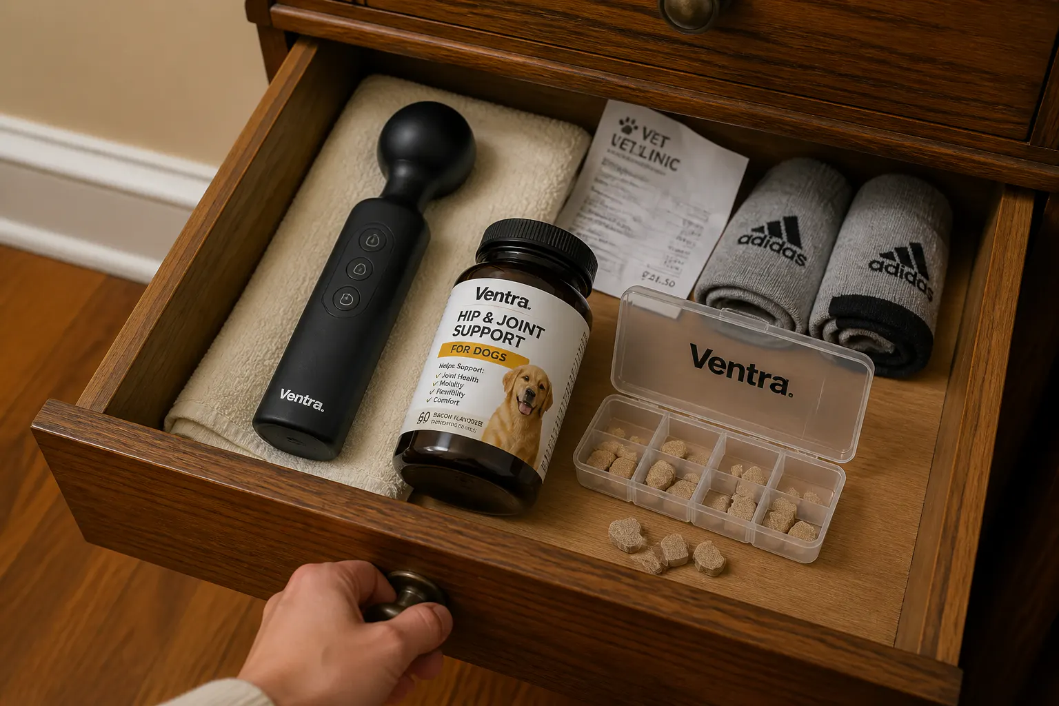 A shelf of half-used supplement bottles