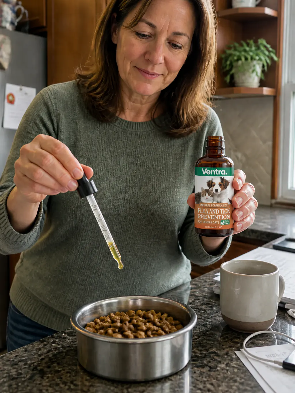 Ventra natural pet drops added to a food bowl