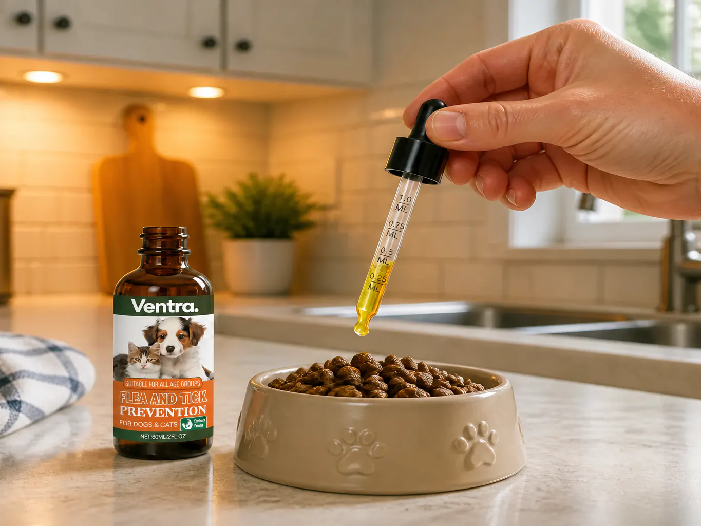 Drops added to a food bowl, pet eating happily