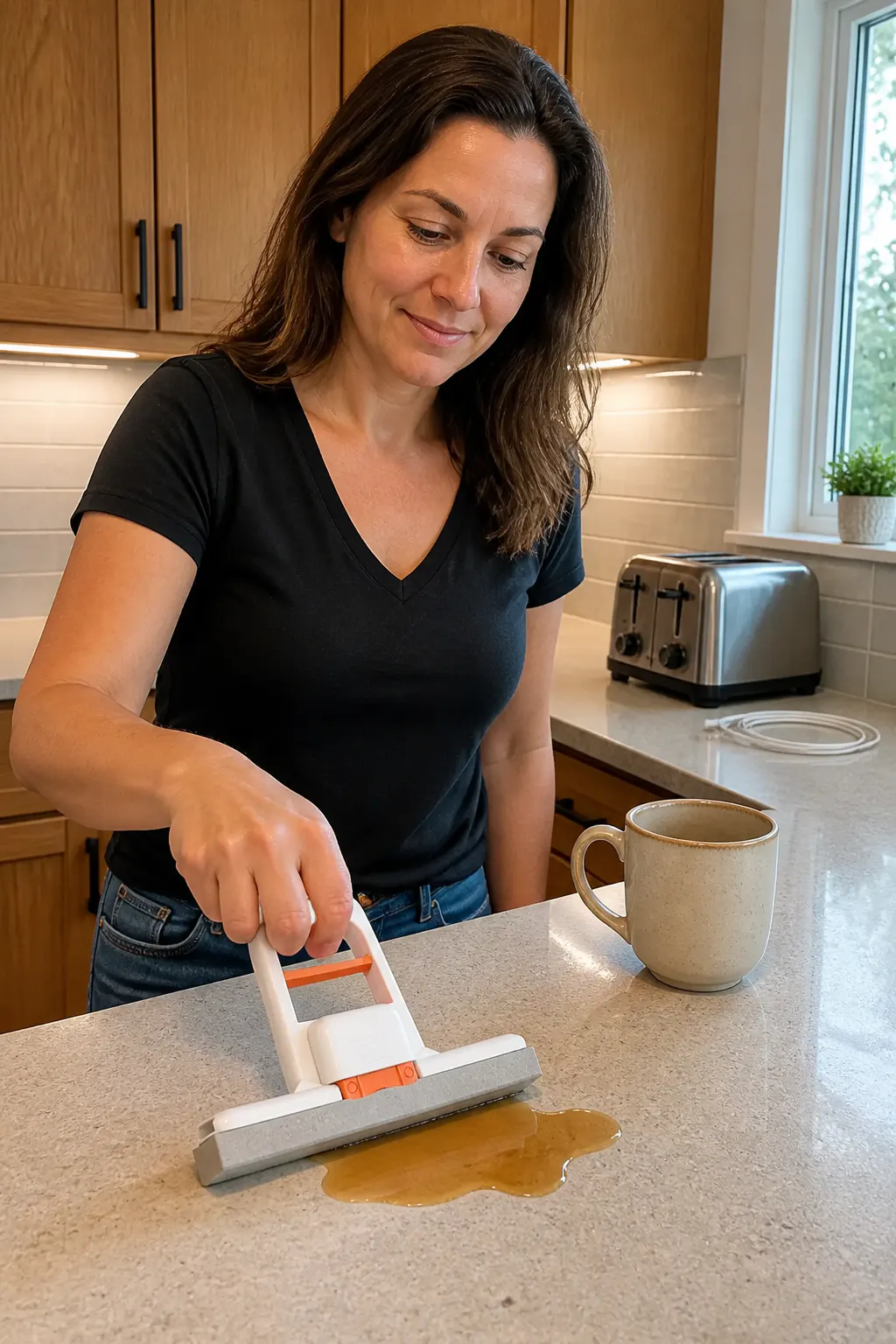 Wiping a coffee spill off the kitchen counter