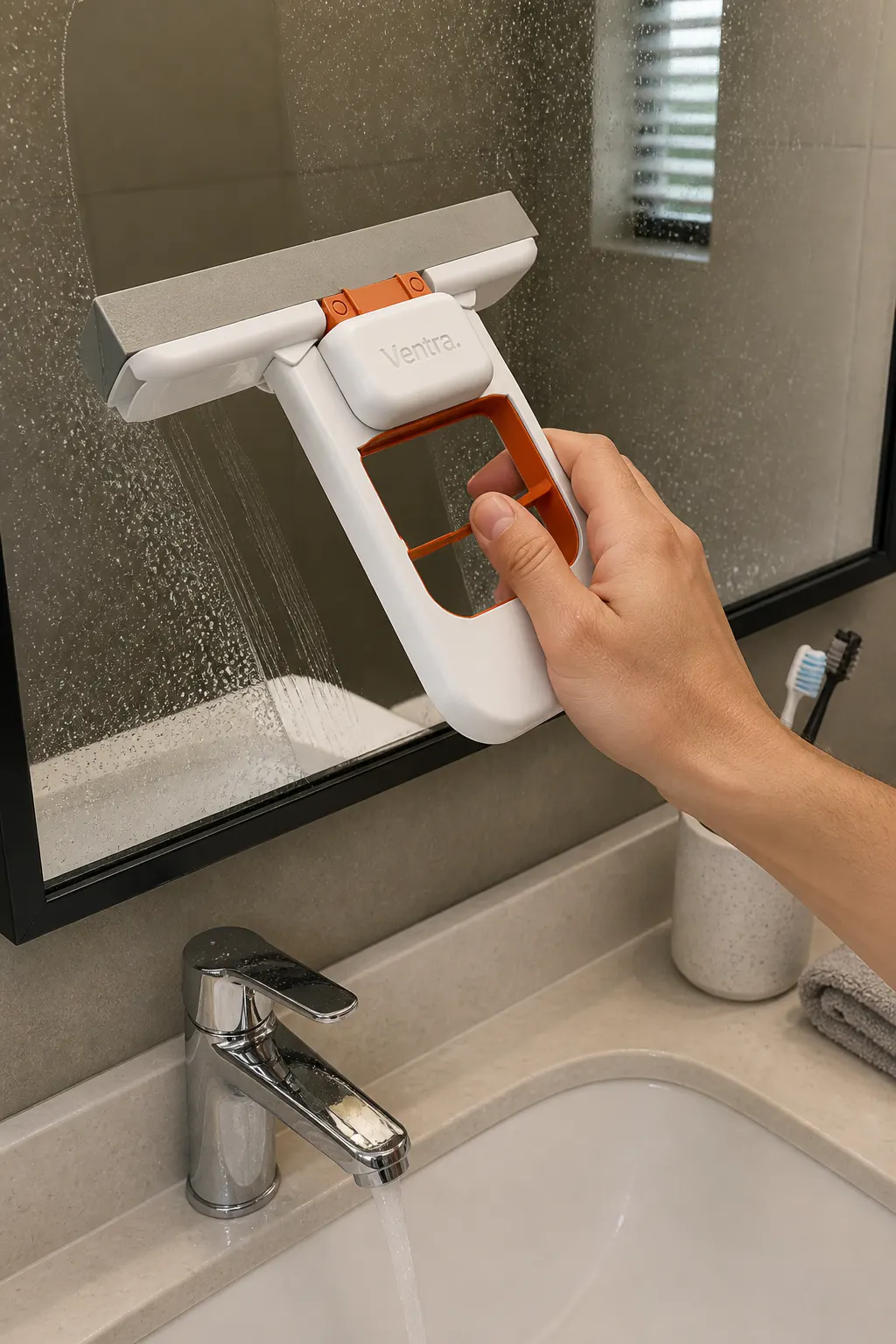 Wiping a splashed bathroom mirror