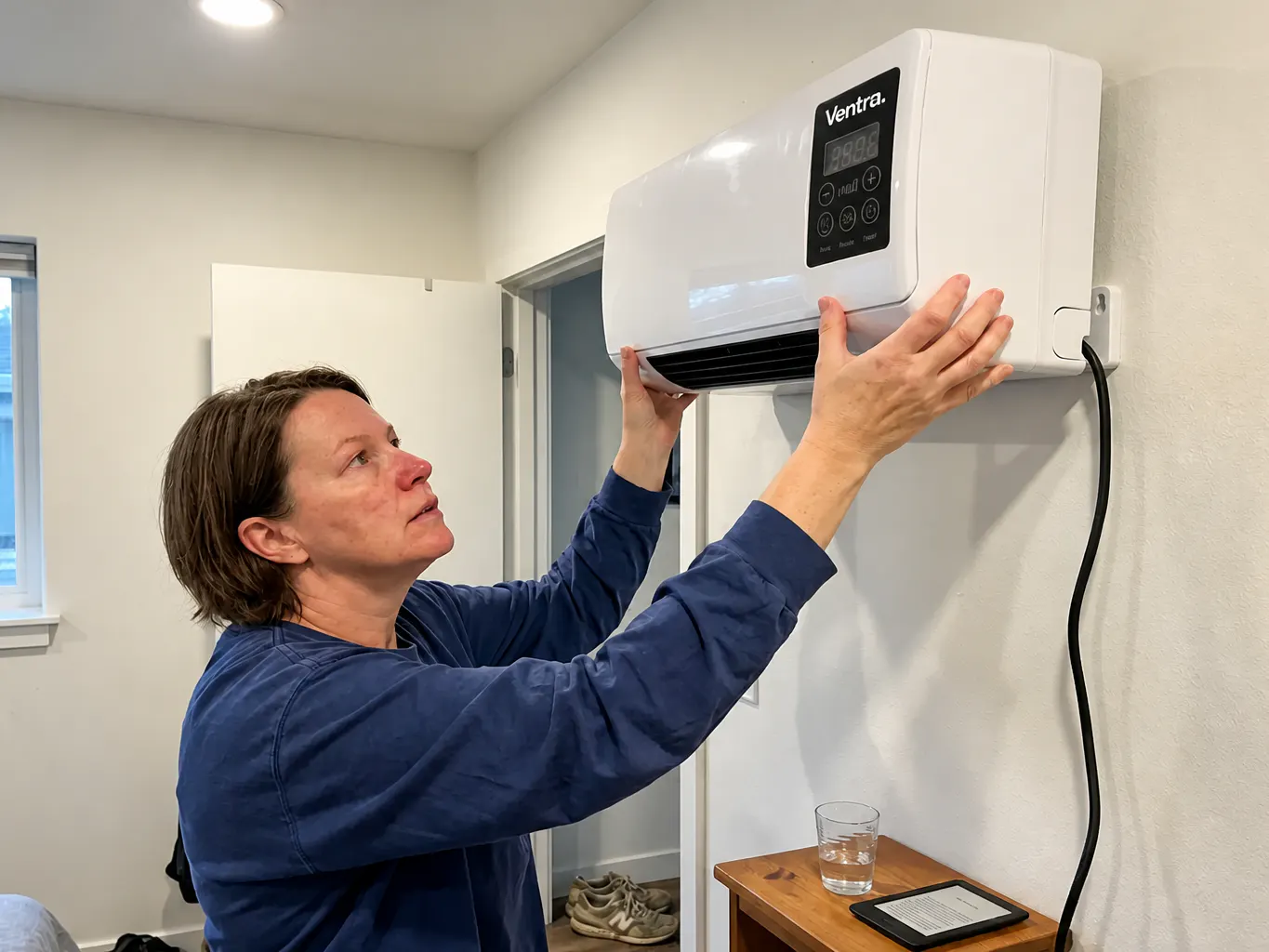 Person lifting the unit onto the wall bracket at chest height