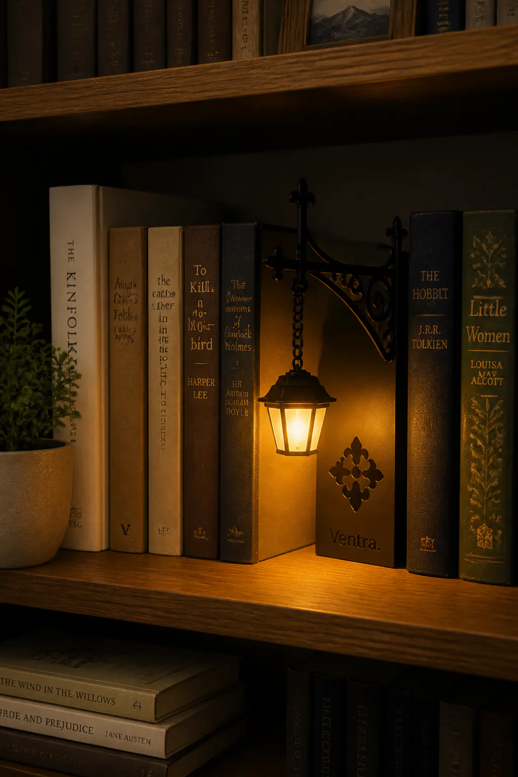 The lantern glowing softly on a shelf in a dim room during a cozy evening