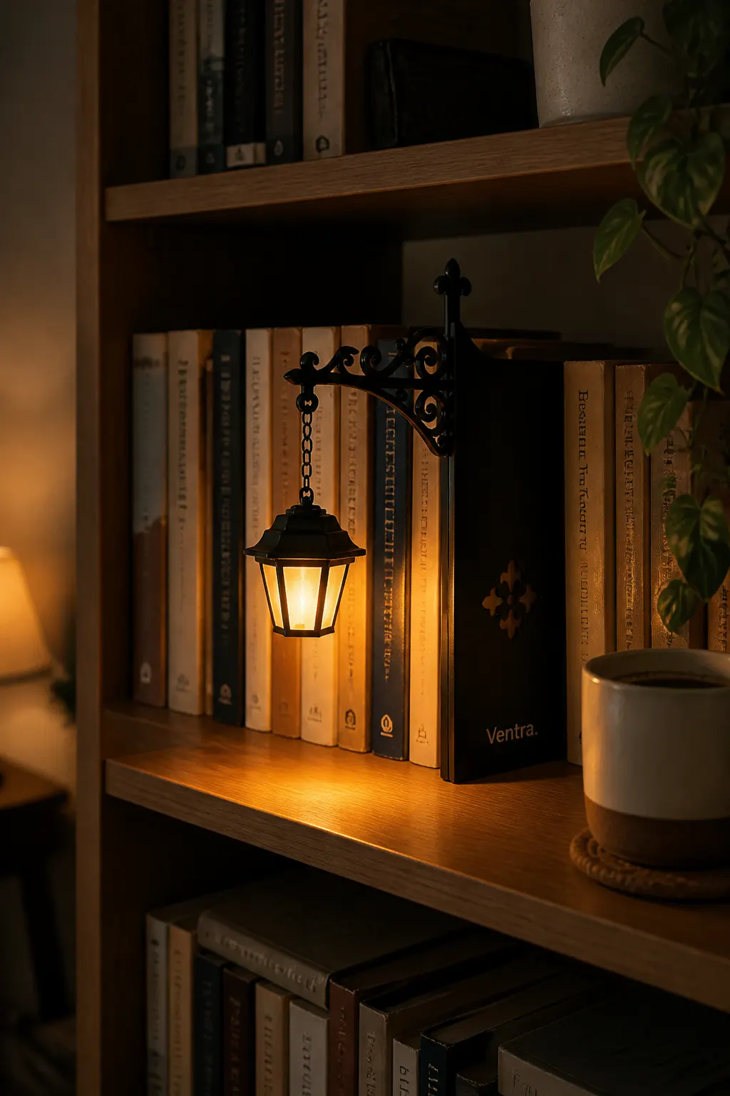 Warm lantern glowing in the gap between two book spines on a dim shelf at dusk