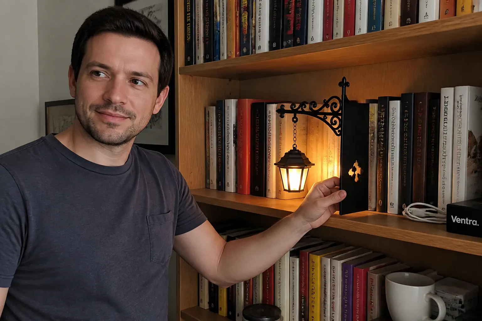 Customer's cozy shelf with the lantern glowing