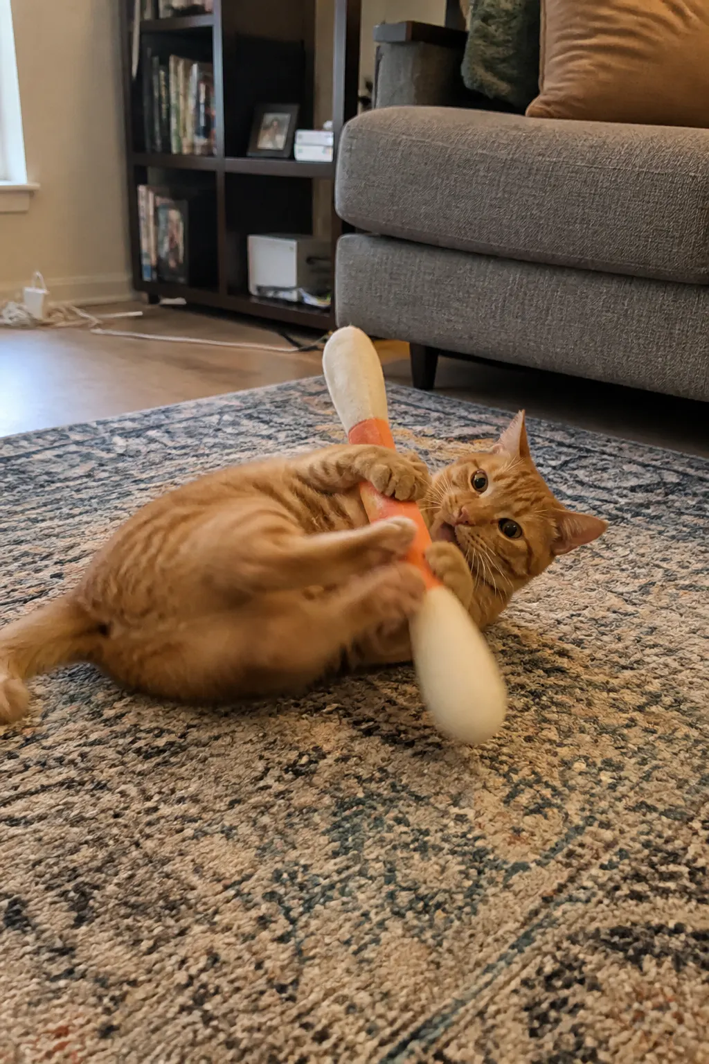 Cat gripping and bunny-kicking the giant cotton swab catnip toy