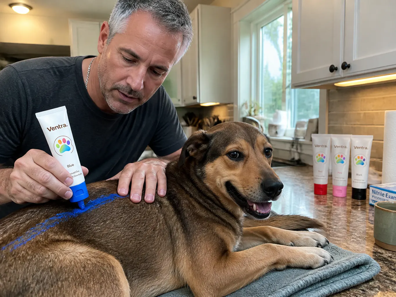 Hands parting a dog's coat to show calm skin at the dye line