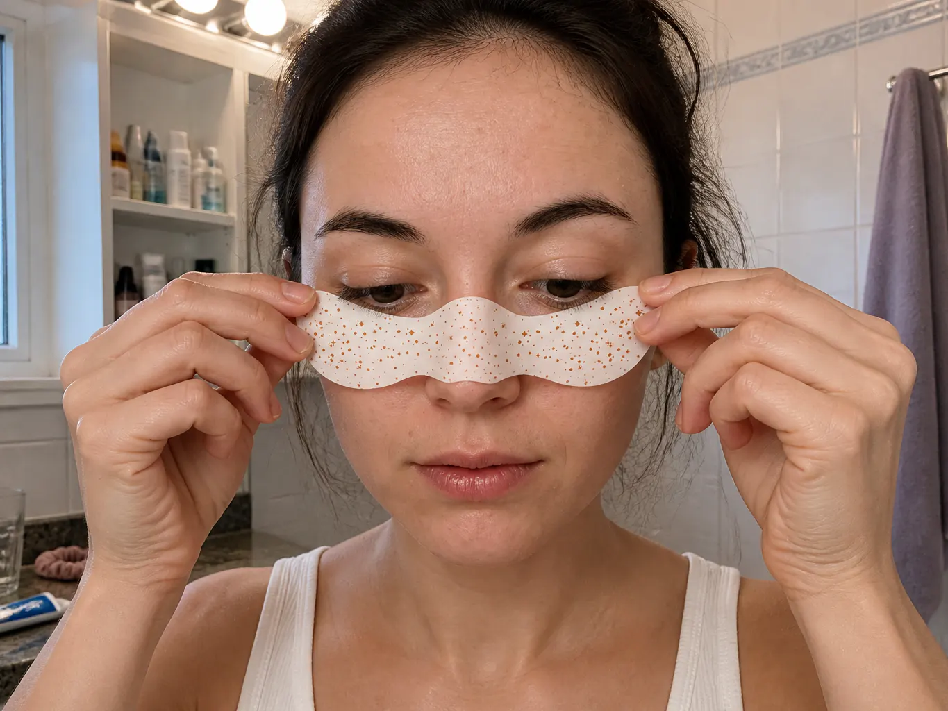 Hands holding the wave-shaped freckle sheet against the nose and cheeks