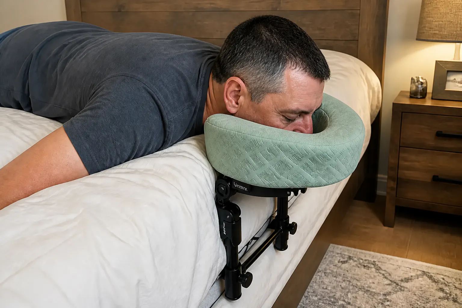 Person resting face-down in the U-shaped SpaRest cradle, neck neutral, airway clear
