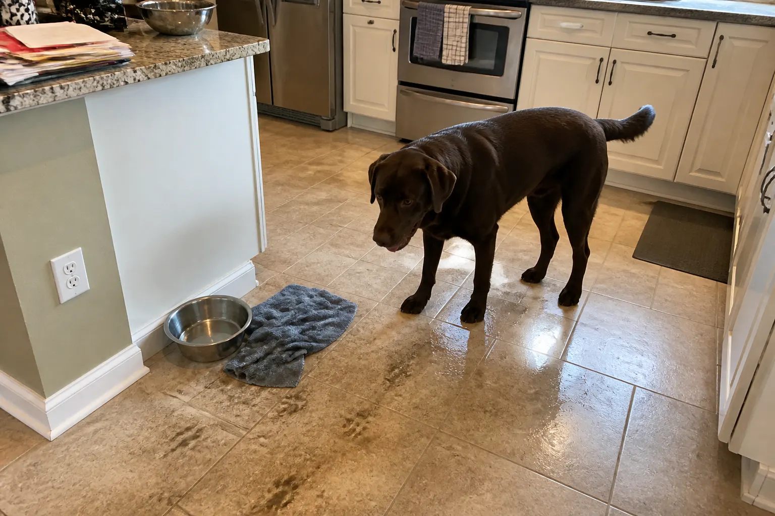 Large dog beside a spilled water bowl