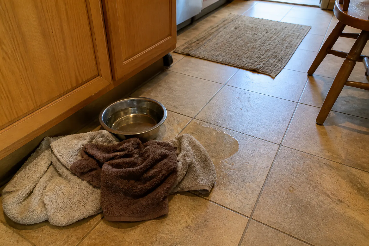A towel kept beside a dog water bowl