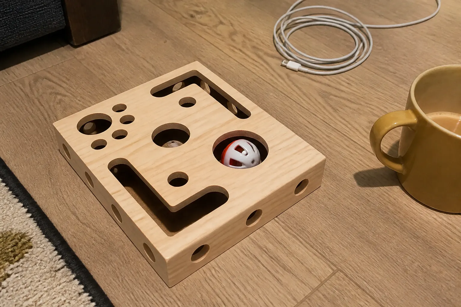 Close-up of a jingle ball rolling and rattling inside the wooden maze channel