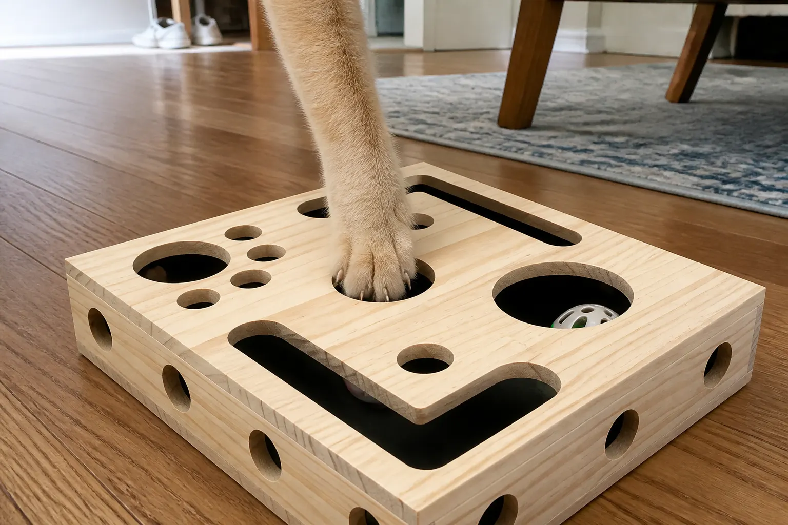 Cat's paw with claws extended reaching through a hole in the wooden maze to bat the ball