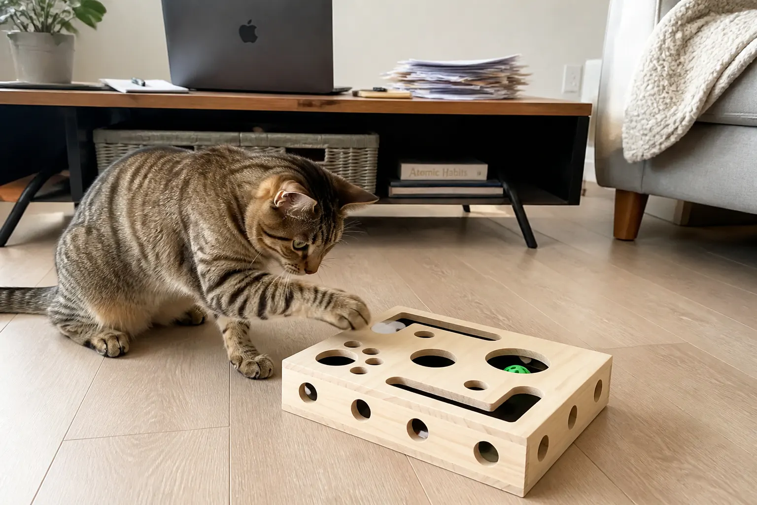 Cat fully absorbed, batting through the maze while the ball stays trapped inside