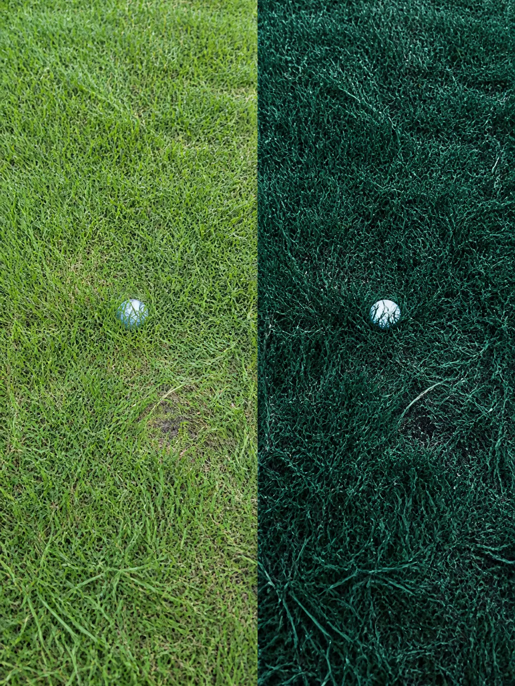 White golf ball in rough, naked eye versus through the tinted contrast lens