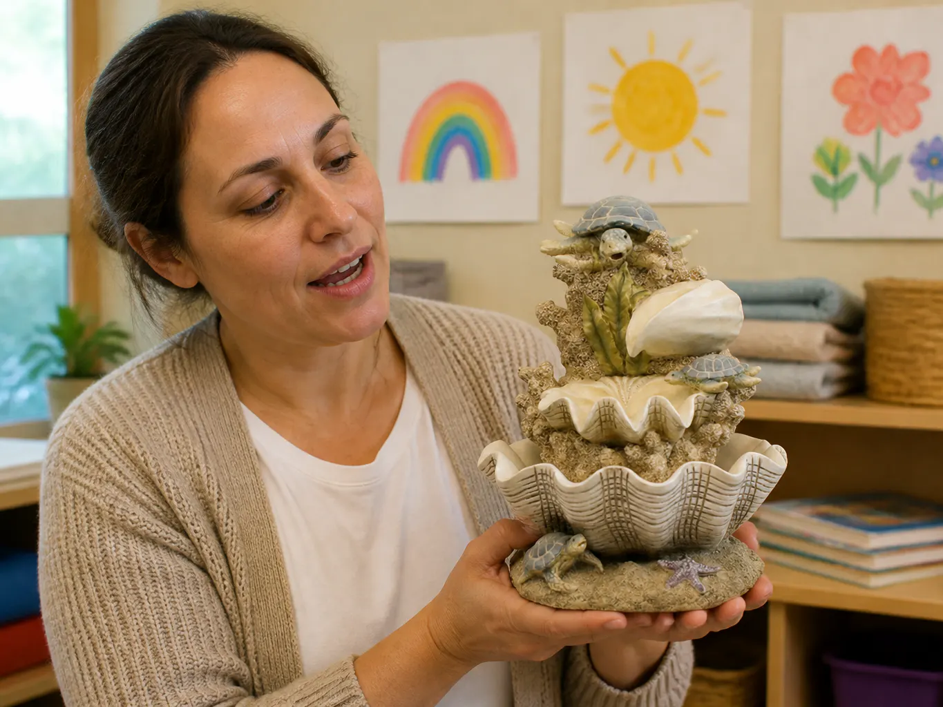 Child development specialist with the Turtle Shell fountain in a warm playroom