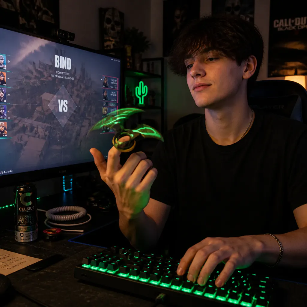 LED karambit fidget caught mid-spin, glowing arc in a dark room