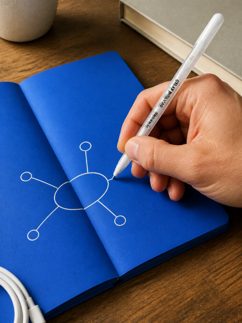 Macro of a white gel pen mid-stroke on deep blue notebook paper, crisp full-coverage lines