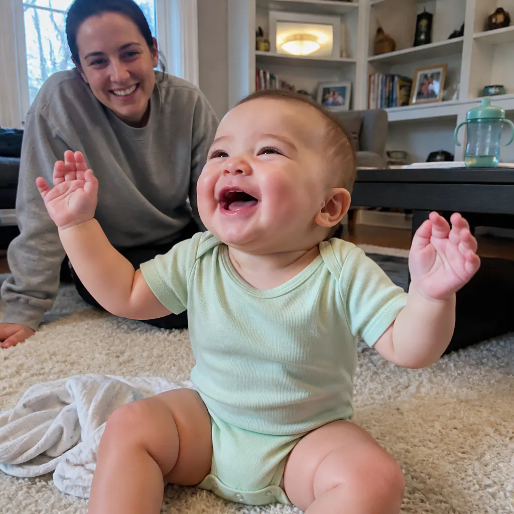 Baby laughing as the Peek-a-Boo Bear reveals its face