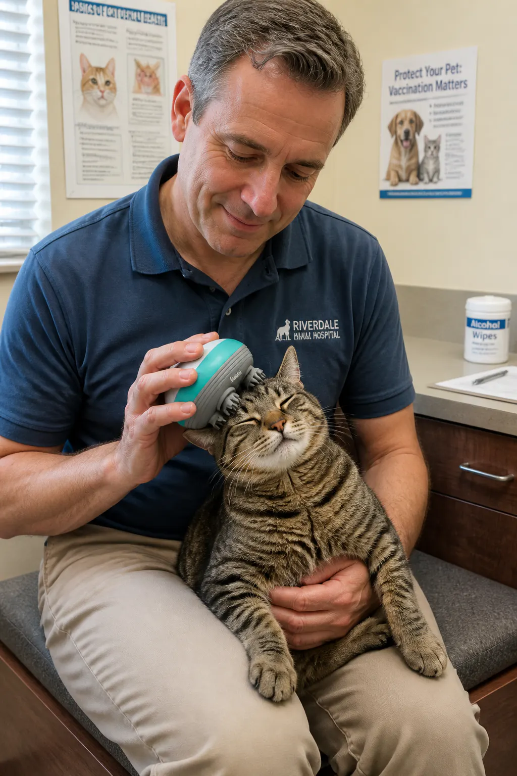 Veterinarian presenting the massager beside a calm cat