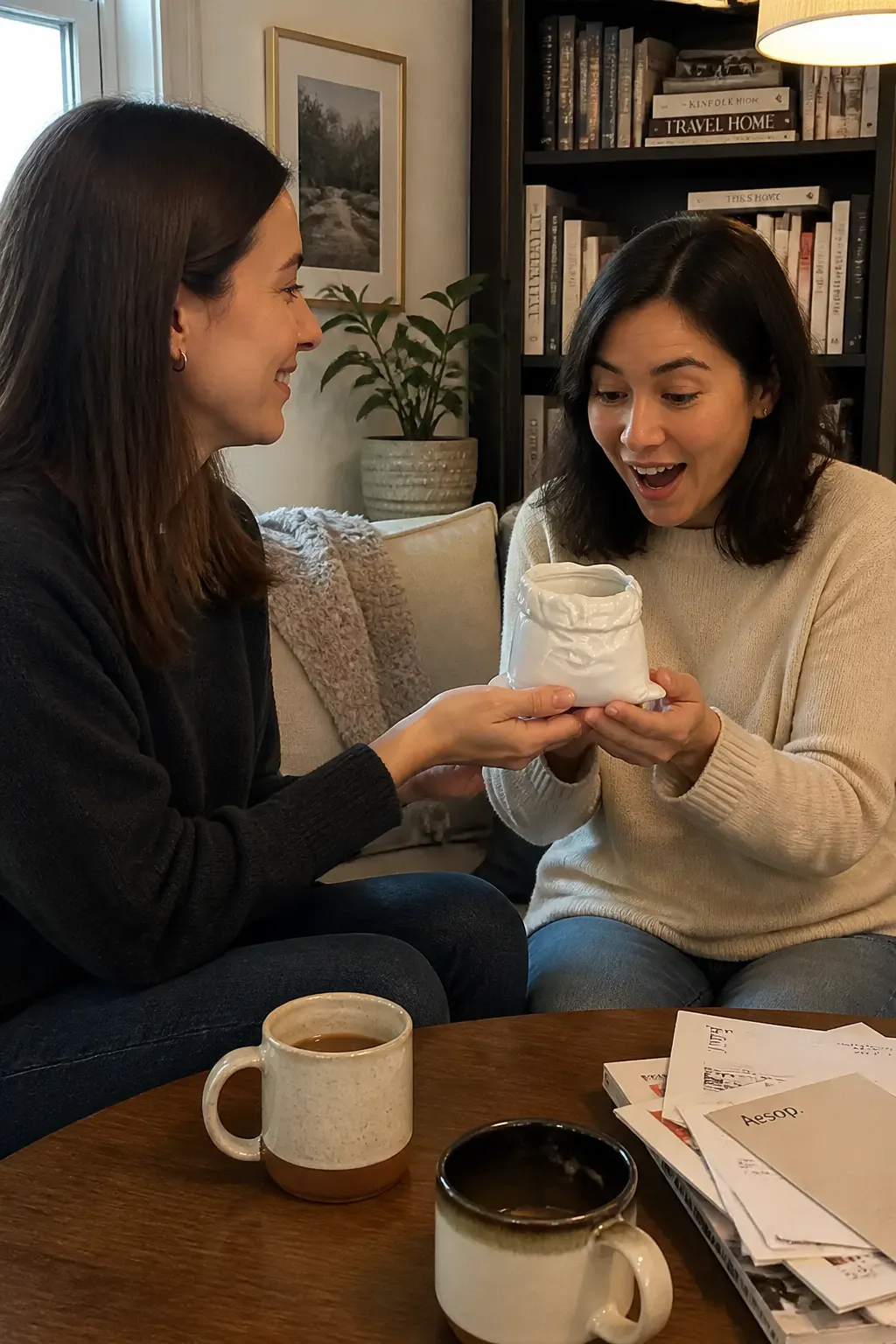 The ceramic sack mug being given as a gift