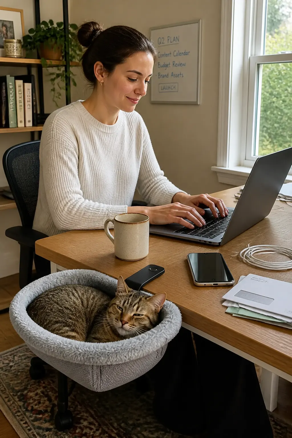 Cat curled in the DeskNest clamped to a desk edge beside a working owner