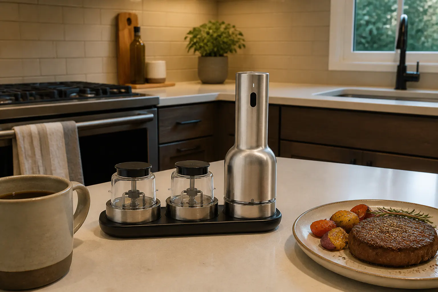 Stainless grinder seasoning a finished plate of food in a warm kitchen