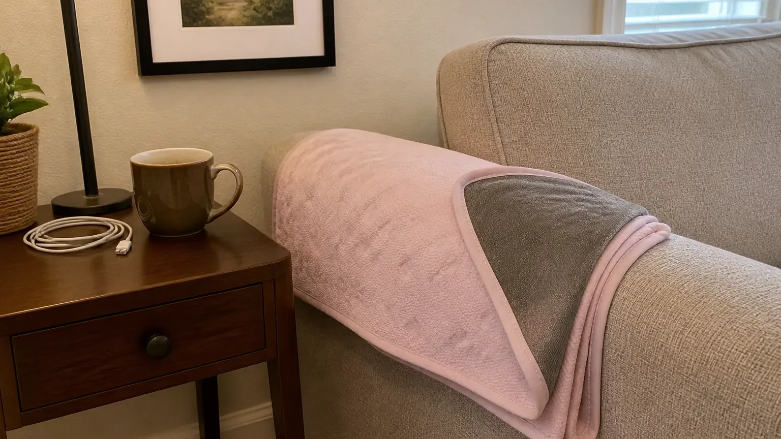 The Ventra blanket living on a calm couch at home